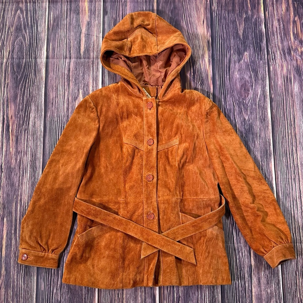 70s Vintage Burnt Orange Genuine Leather Soft Suede Hooded Button Down Jacket